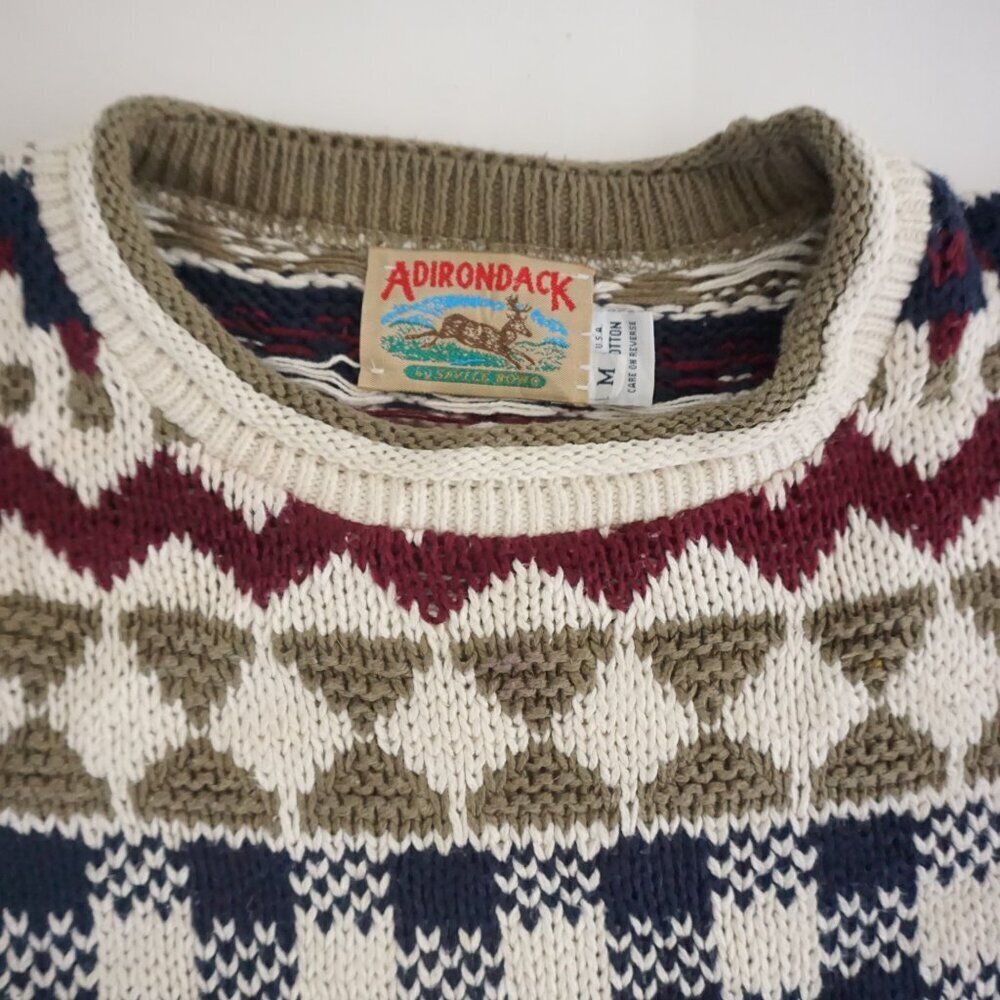 Vintage Adirondack beige navy cotton knit geometric sweater Cabincore Retro M - Picture 10 of 10